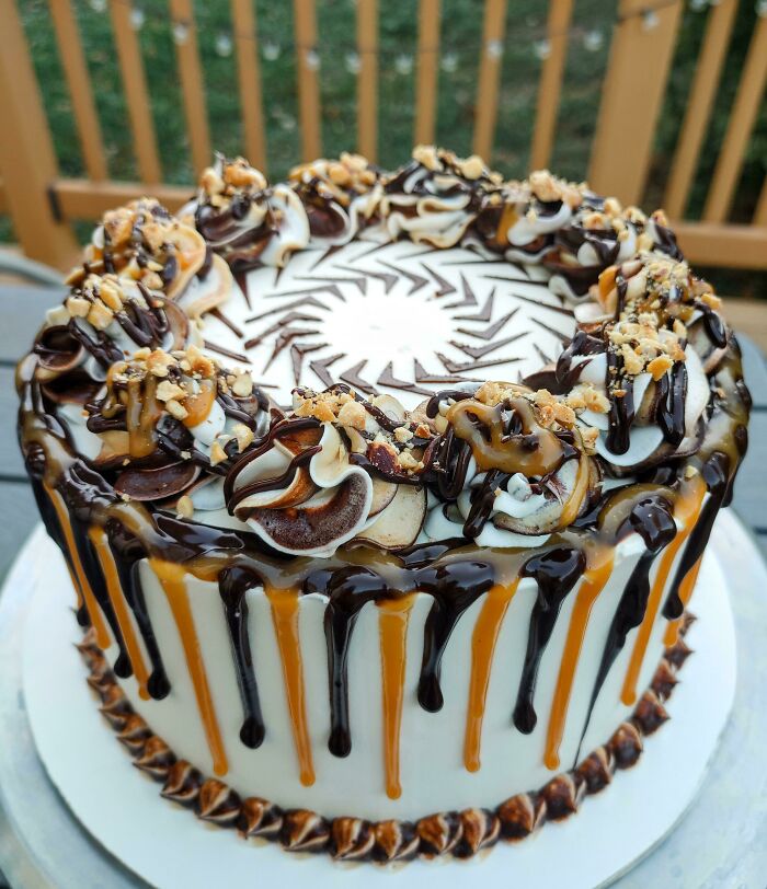 A custom made Snickers and Caramel cake for a birthday party.