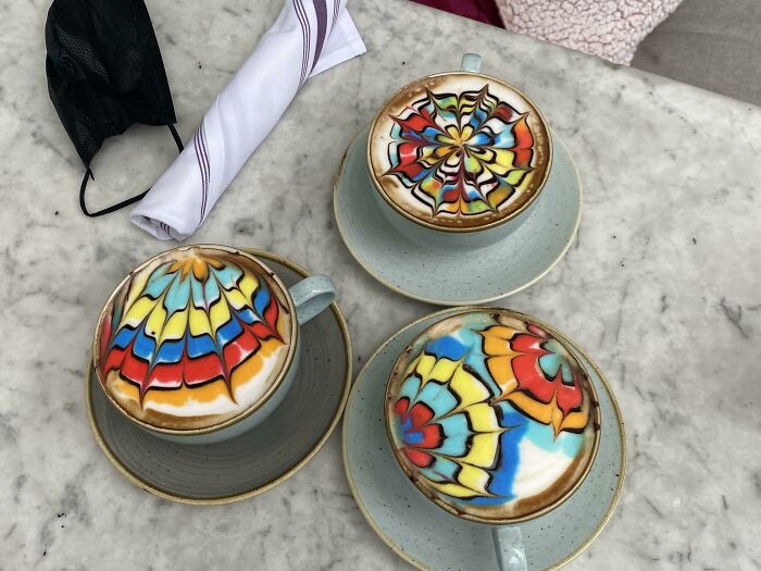 These colorful coffee's look like stained glass windows.