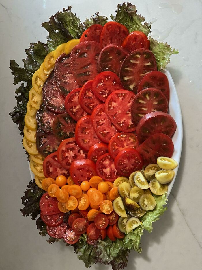 A spread of tomatoes made from home-grown veggies.