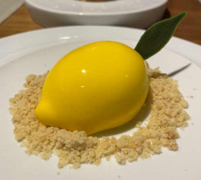 The "Not a Lemon" custard dessert looks like a perfect lemon.