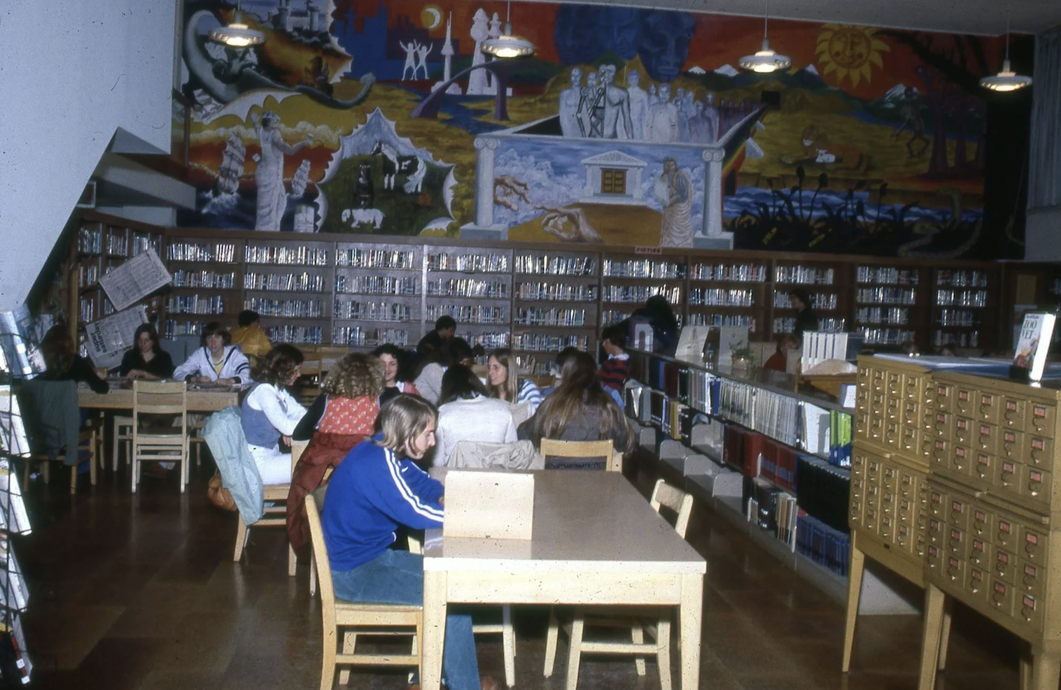 The library, with a student painted mural. 