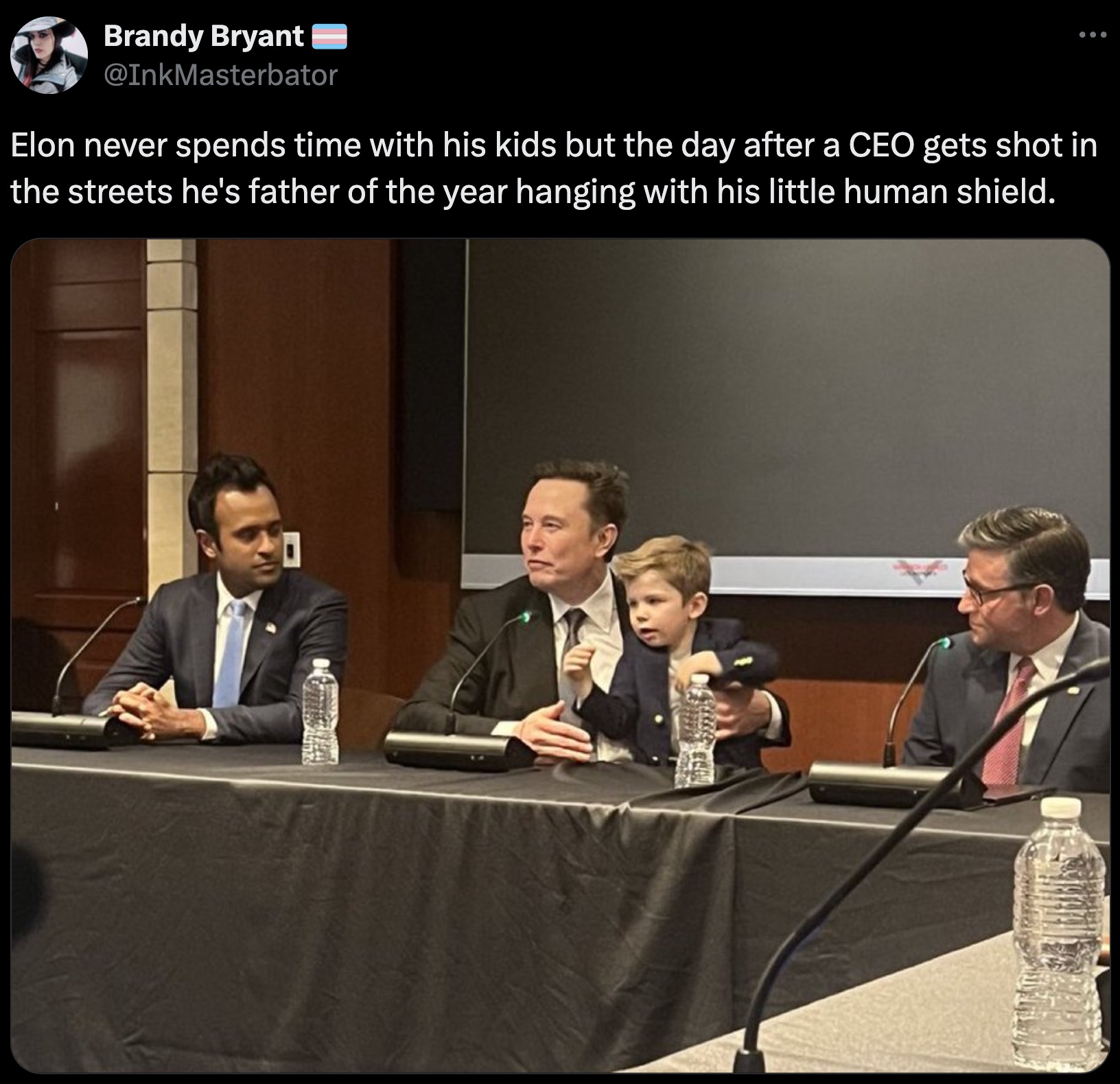 Department of Government Efficiency - Brandy Bryant Elon never spends time with his kids but the day after a Ceo gets shot in the streets he's father of the year hanging with his little human shield.