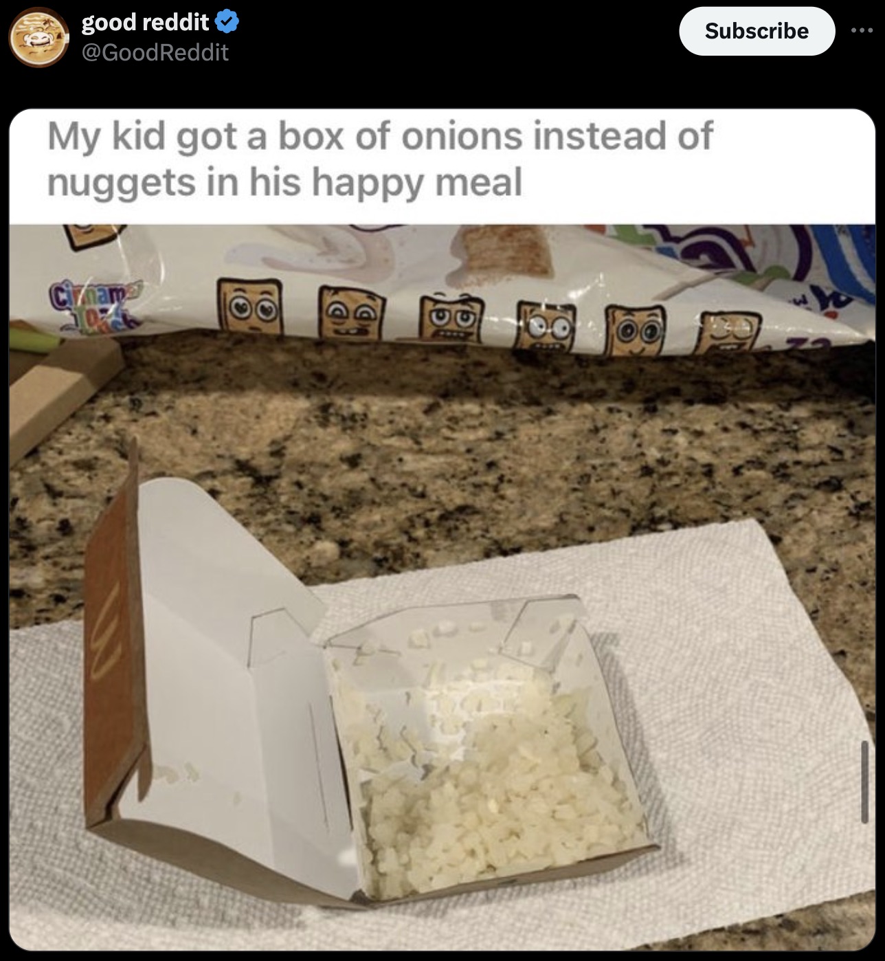 feta - good reddit My kid got a box of onions instead of nuggets in his happy meal Cinam D Ca Subscribe