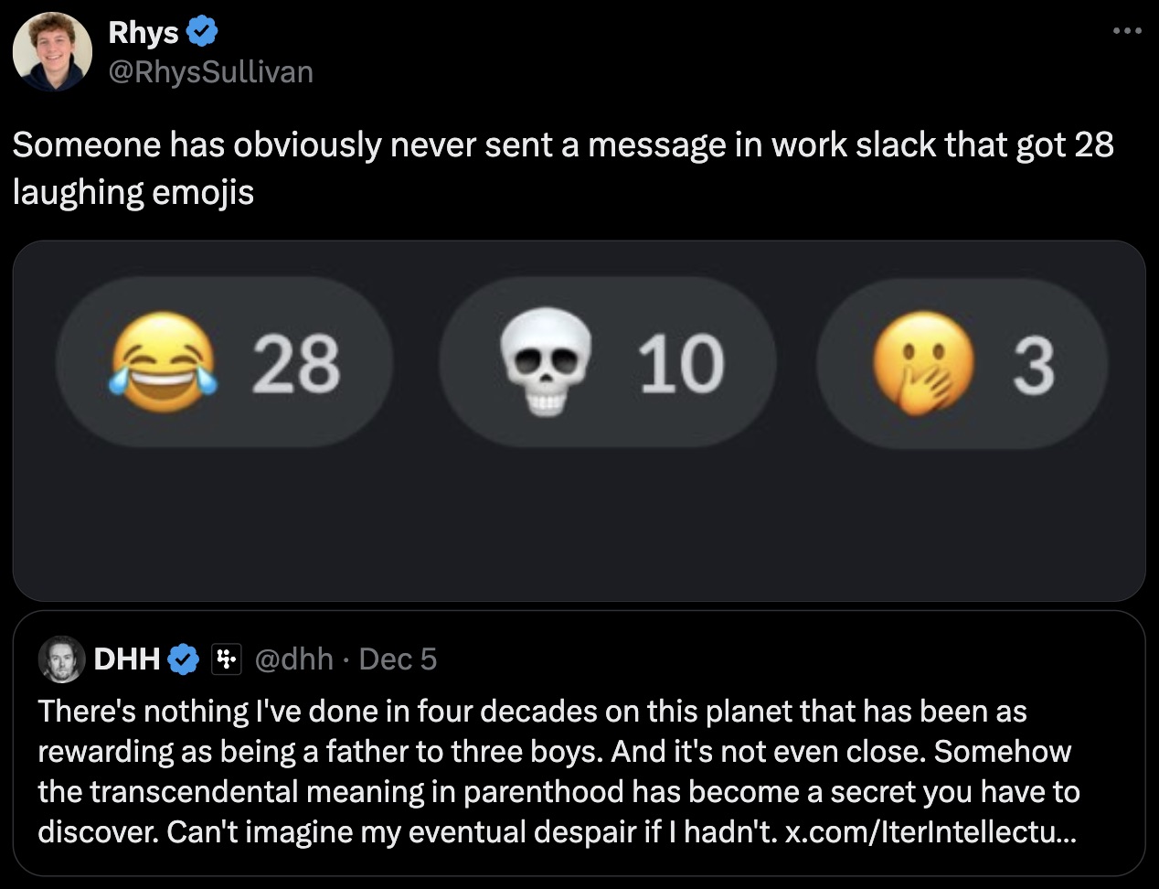 screenshot - Rhys Someone has obviously never sent a message in work slack that got 28 laughing emojis 28 10 3 Dhh . Dec 5 There's nothing I've done in four decades on this planet that has been as rewarding as being a father to three boys. And it's not ev