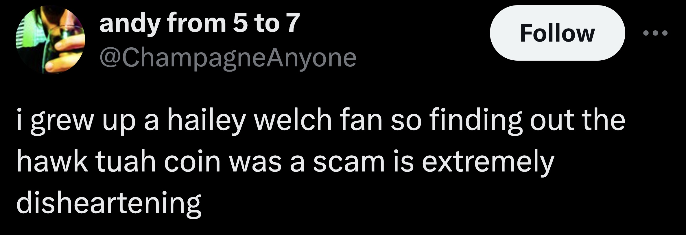 graphics - andy from 5 to 7 i grew up a hailey welch fan so finding out the hawk tuah coin was a scam is extremely disheartening