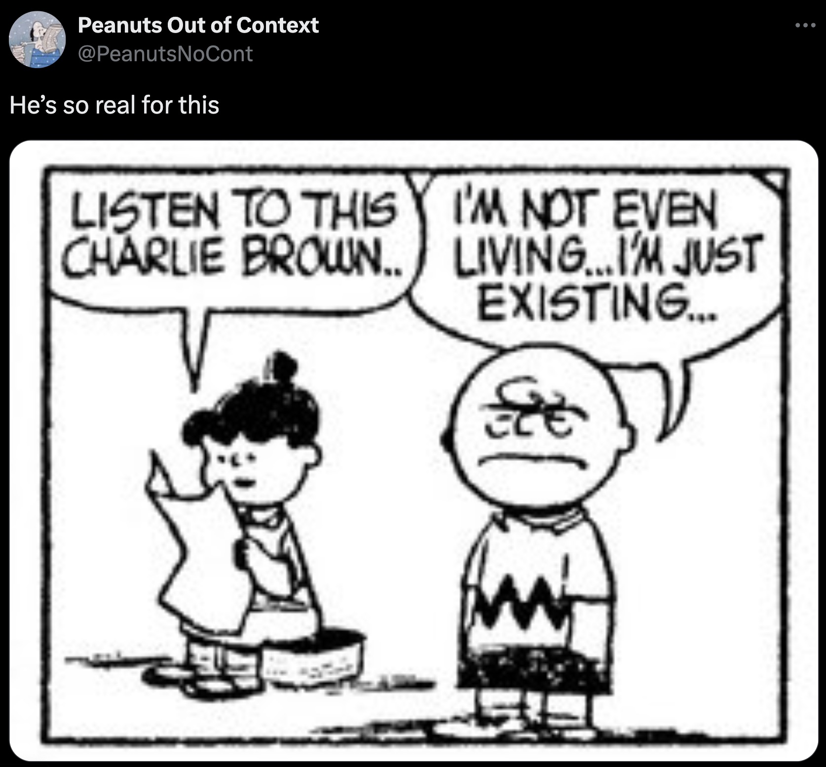 cartoon - Peanuts Out of Context He's so real for this Listen To This Charlie Brown.. I'M Not Even Living...I'M Just Existing...