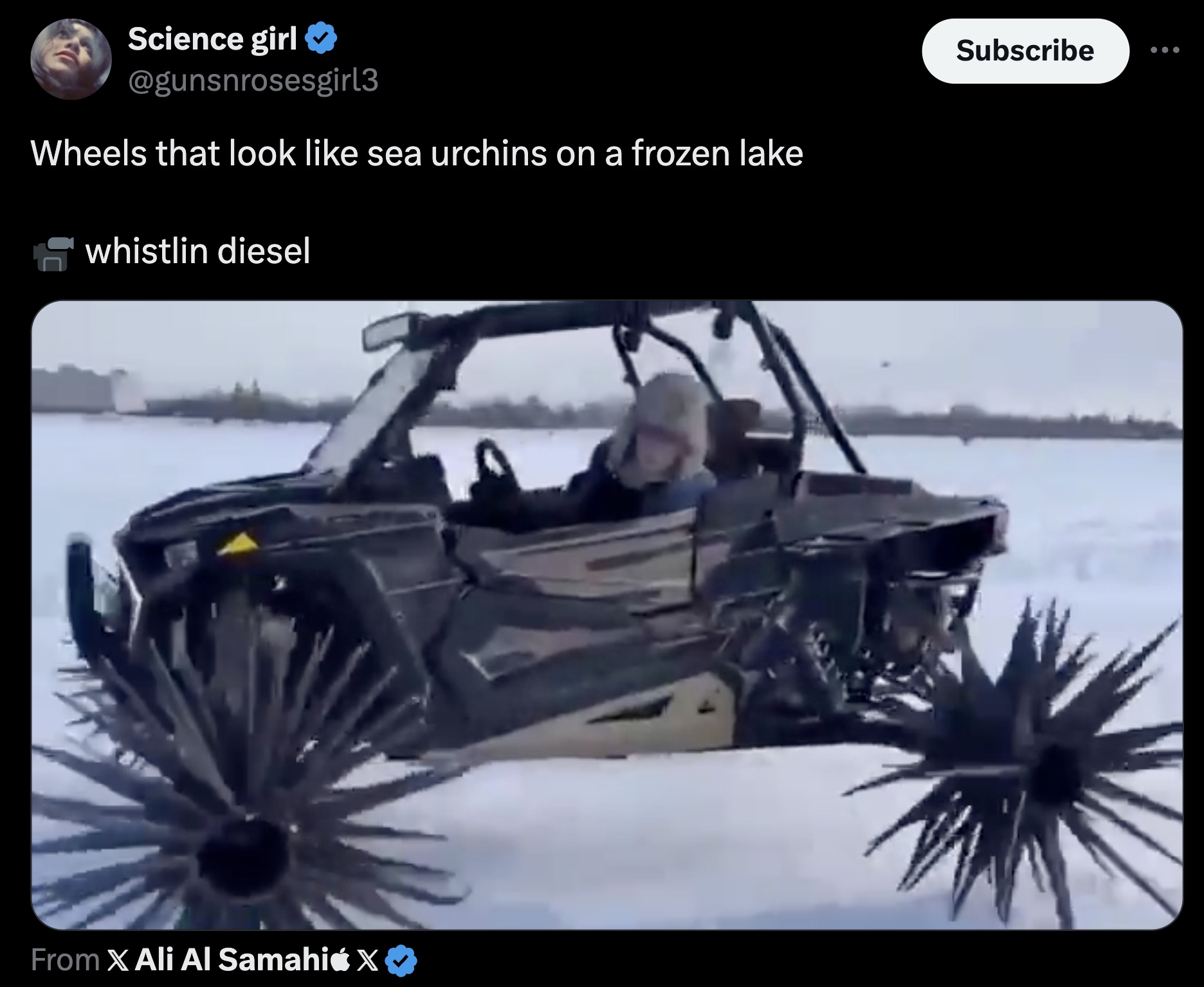 checker marathon - Science girl Wheels that look sea urchins on a frozen lake whistlin diesel From X Ali Al Samahi X Subscribe ...