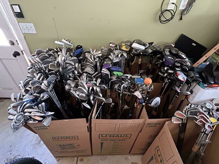 "Got all these golf clubs from my uncle, probably going to sell as a bundle or donate."