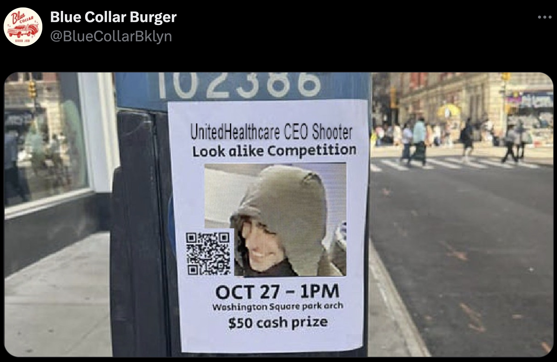 timothee chalamet look alike nyc - Bl Blue Collar Burger 102366 UnitedHealthcare Ceo Shooter Look a Competition Oct 27 1PM Washington Square park arch $50 cash prize