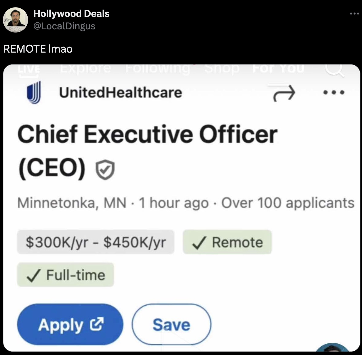 screenshot - Hollywood Deals Remote Imao Live Explore ing Shop For You UnitedHealthcare Chief Executive Officer Ceo 00 Minnetonka, Mn 1 hour ago Over 100 applicants $yr $yr Remote Fulltime Apply Save