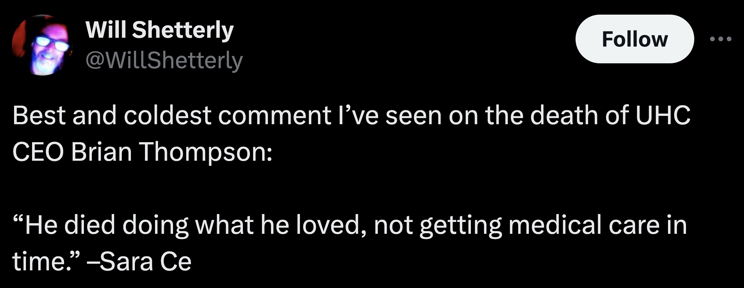 parallel - Will Shetterly Best and coldest comment I've seen on the death of Uhc Ceo Brian Thompson "He died doing what he loved, not getting medical care in time." Sara Ce