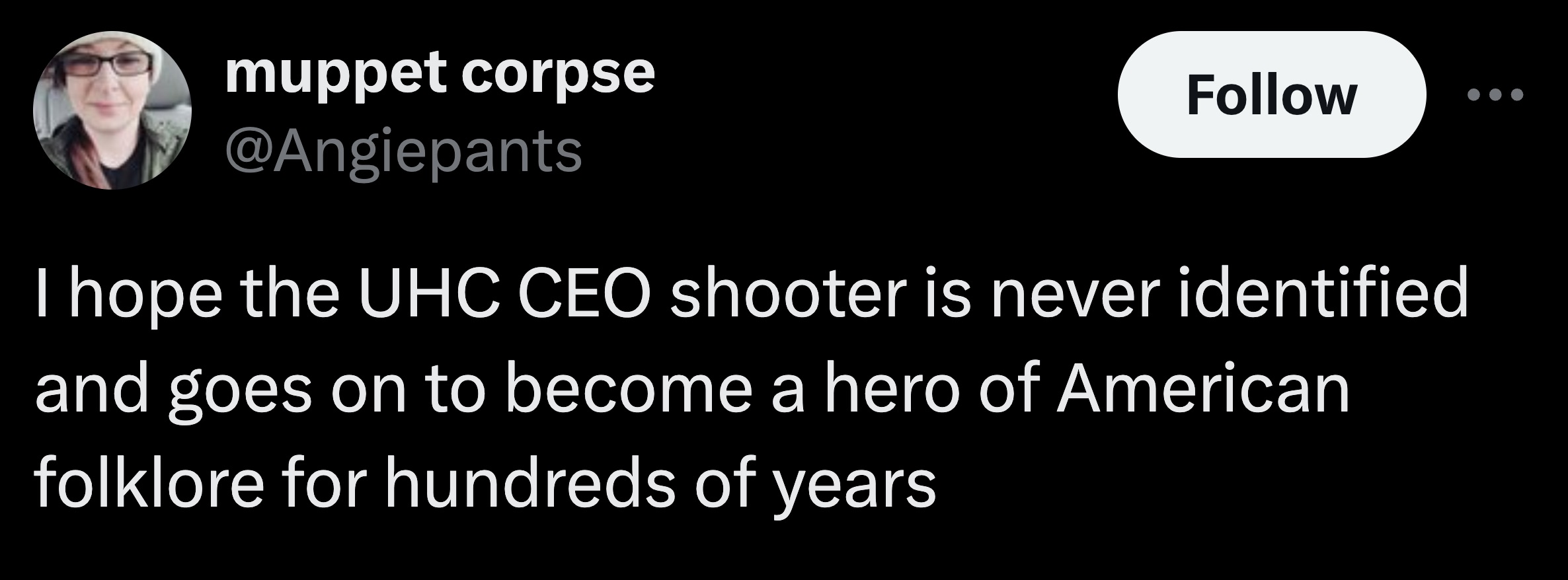 parallel - muppet corpse I hope the Uhc Ceo shooter is never identified and goes on to become a hero of American folklore for hundreds of years