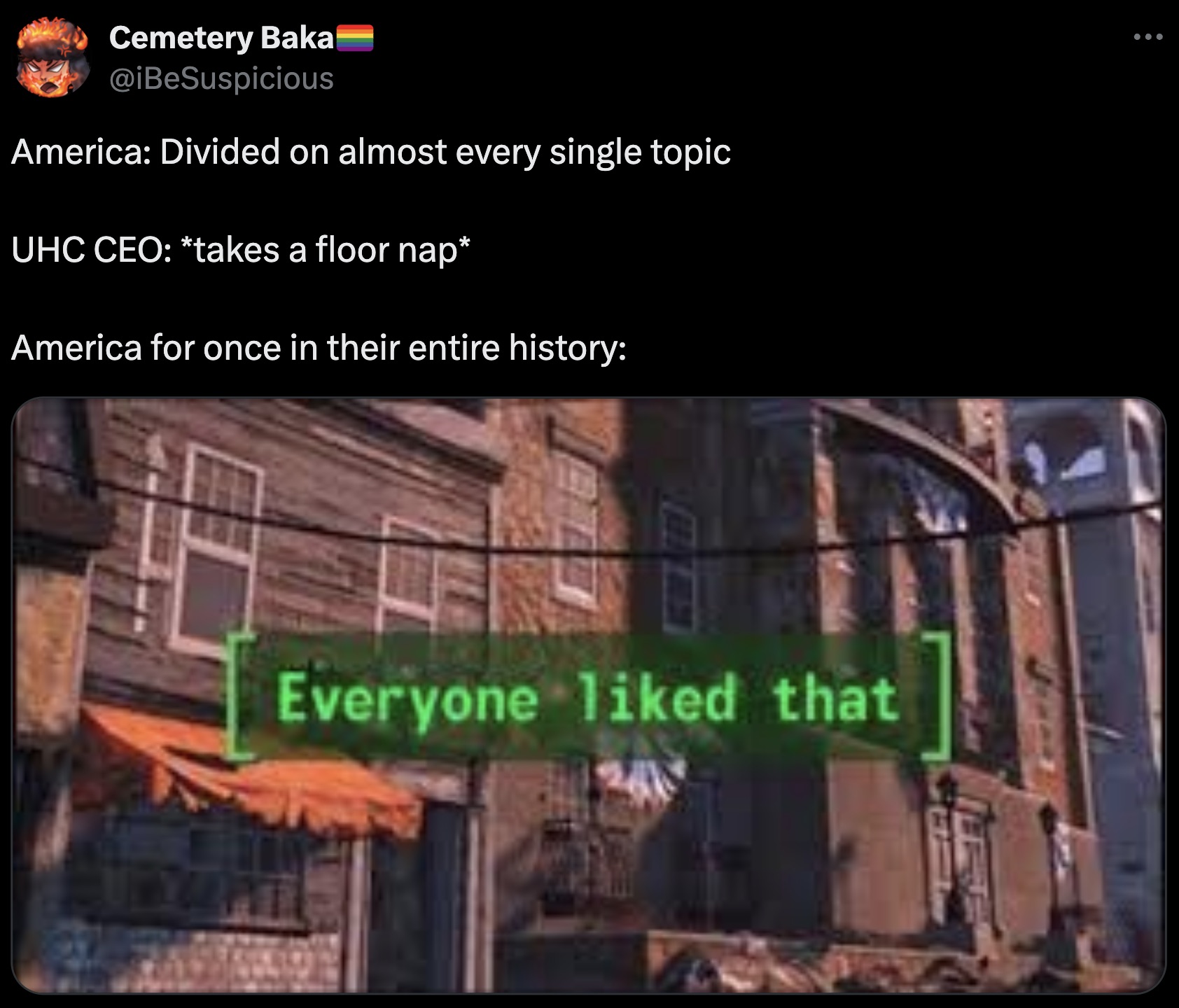 everyone disliked that meme - Cemetery Baka America Divided on almost every single topic Uhc Ceo takes a floor nap America for once in their entire history Everyone d that