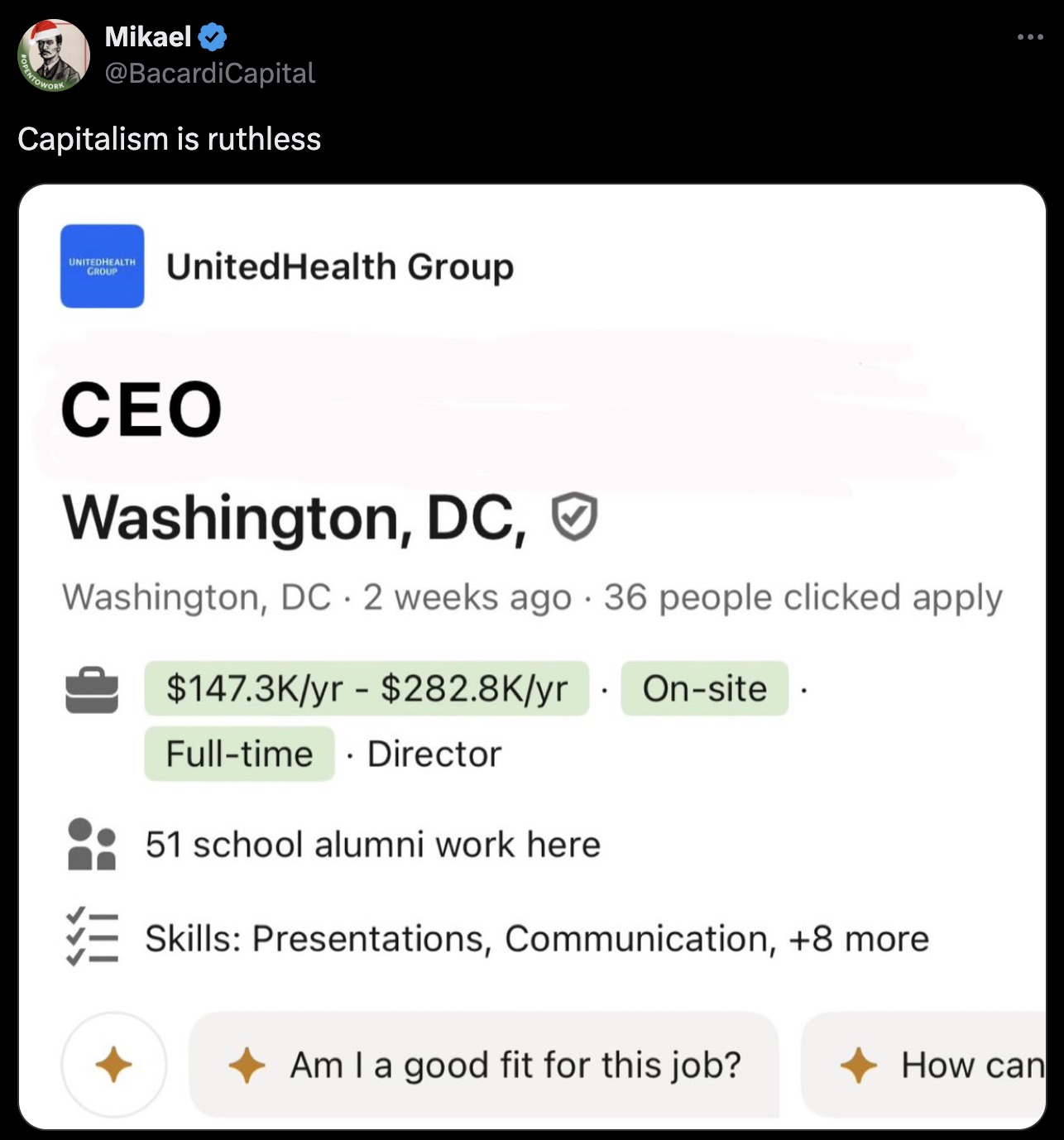 screenshot - E Pentowor Mikael Capitalism is ruthless Unitedhealth Group UnitedHealth Group Ceo Washington, Dc, Washington, Dc 2 weeks ago 36 people clicked apply $yr $yr Onsite Fulltime Director 51 school alumni work here Skills Presentations, Communicat