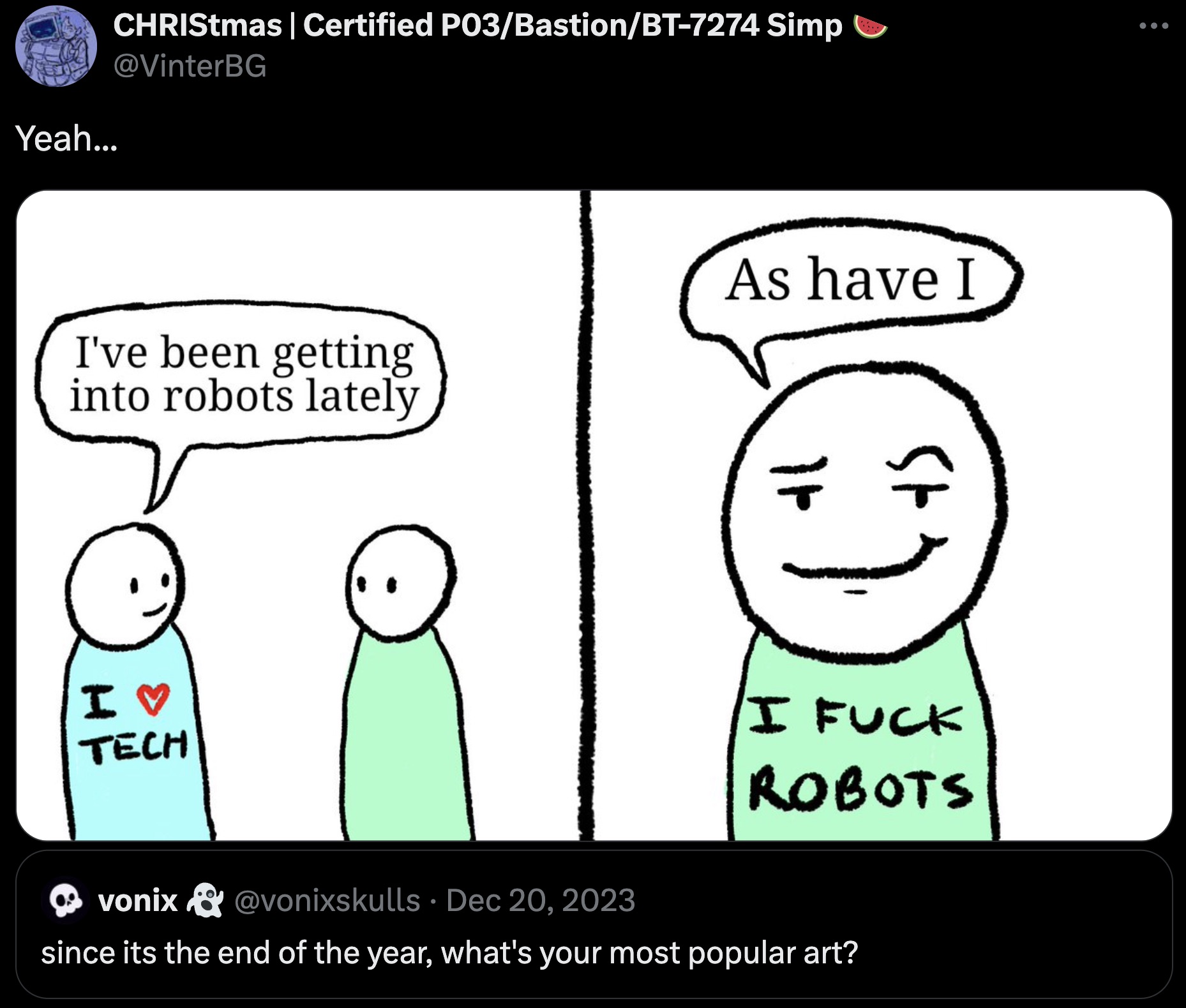 Yeah... CHRISTmas | Certified P03BastionBt7274 Simp I've been getting into robots lately As have I I Tech I Fuck Robots vonix since its the end of the year, what's your most popular art?