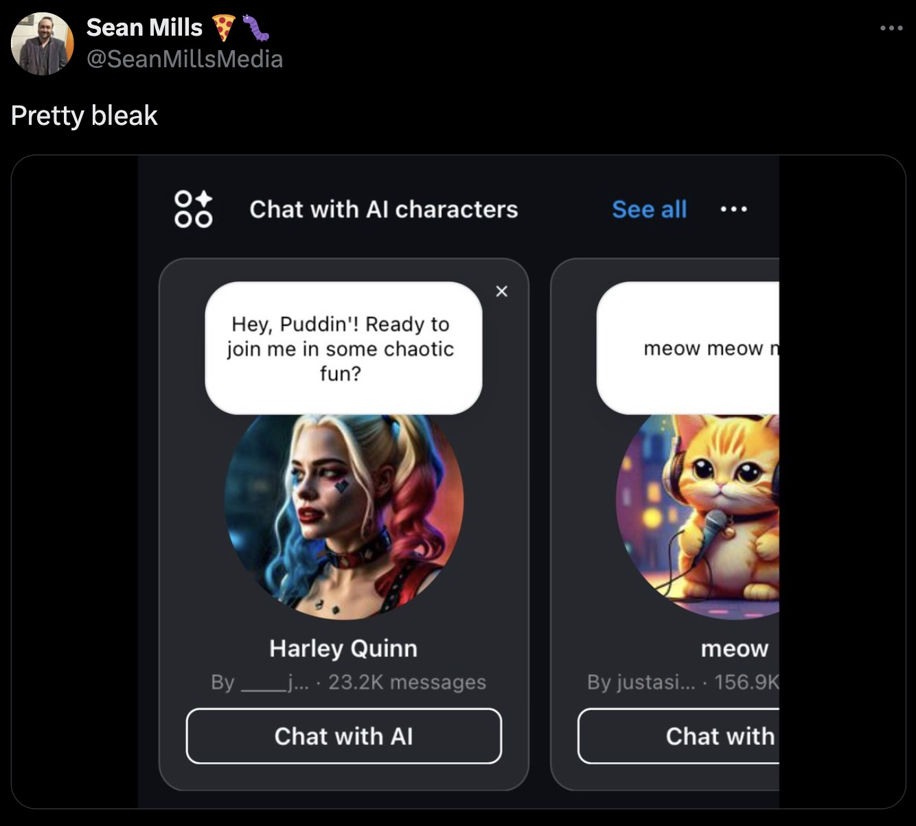 screenshot - Sean Mills MillsMedia Pretty bleak Chat with Al characters See all Hey, Puddin'! Ready to join me in some chaotic fun? meow meow n Harley Quinn meow By j.... messages By justasi.... Chat with Al Chat with