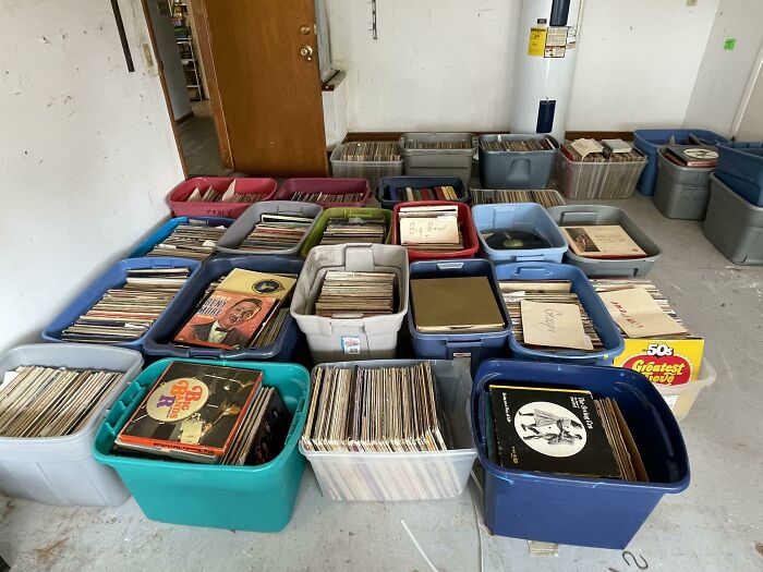 "My boyfriend inherited this huge collection of vinyl records when his aunt passed."