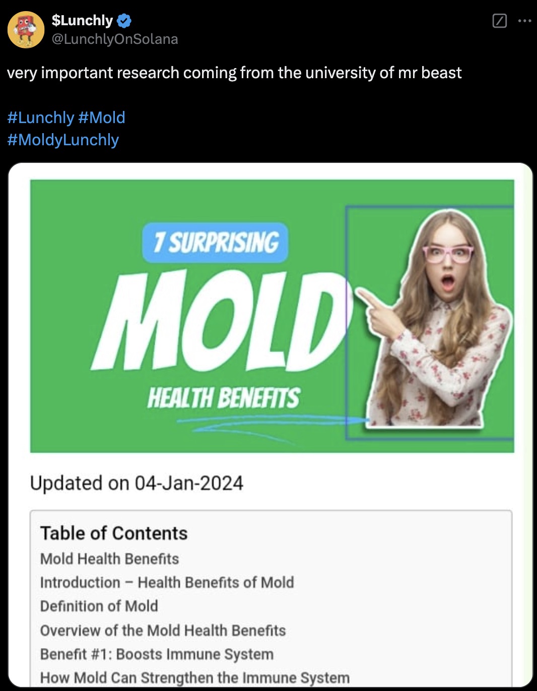 online advertising - $Lunchly very important research coming from the university of mr beast 7 Surprising Mold Health Benefits Updated on 04Jan2024 Table of Contents Mold Health Benefits Introduction Health Benefits of Mold Definition of Mold Overview of 