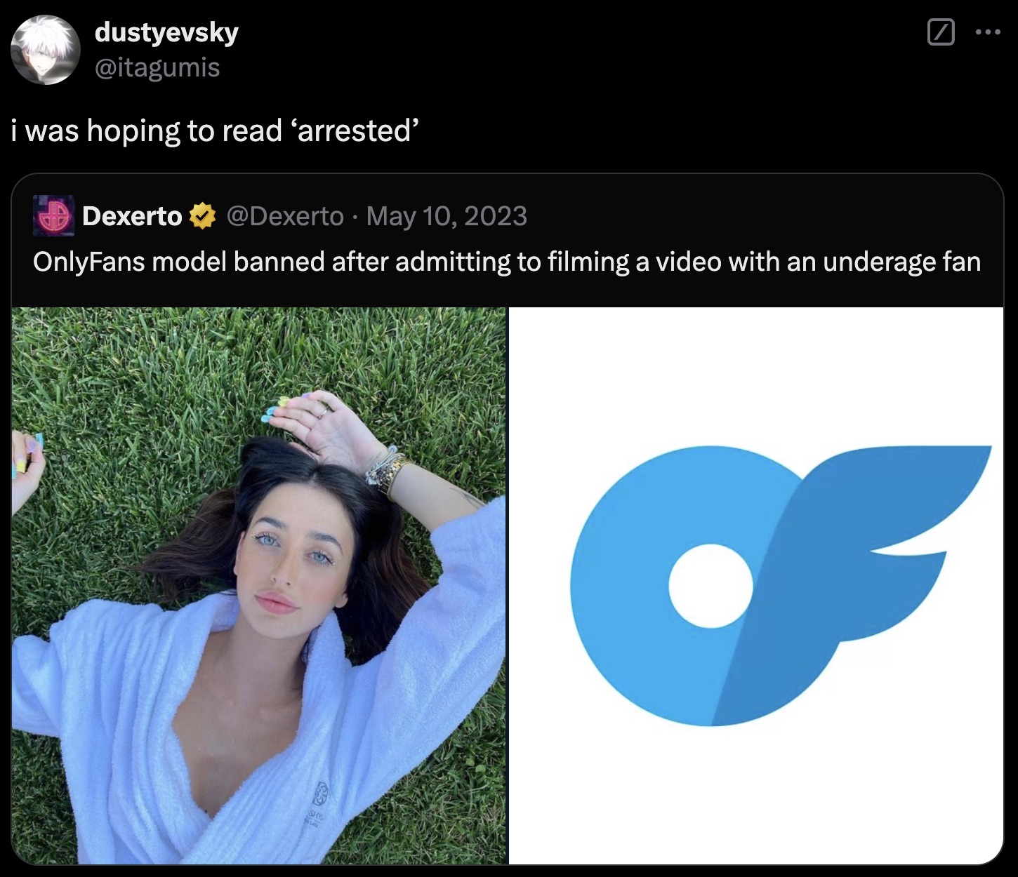 dustyevsky i was hoping to read 'arrested' Dexerto ... OnlyFans model banned after admitting to filming a video with an underage fan Shy