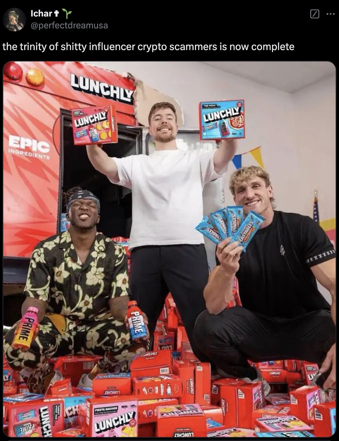 mrbeast logan paul ksi - Ichart Y the trinity of shitty influencer crypto scammers is now complete Lunchly Epic Ingredients Lunchly Prime Lunch Lunchly Prime Jhong Lunchly Feastables Lunchly Lunchly O all Lunchly Liv