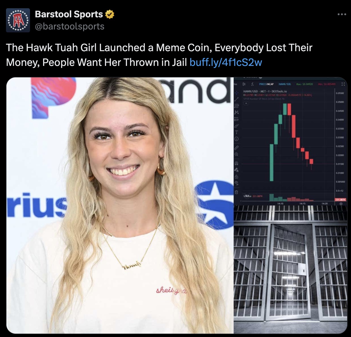 talk tuah podcast girl - Barstool Sports The Hawk Tuah Girl Launched a Meme Coin, Everybody Lost Their Money, People Want Her Thrown in Jail buff.ly4f1cS2w and 00 f PriceMcap HawkSol Max 50.04920 Min SCL00547 HawkUsdMet1DEXTools.lo 00.01785 H0.01811 L0.01