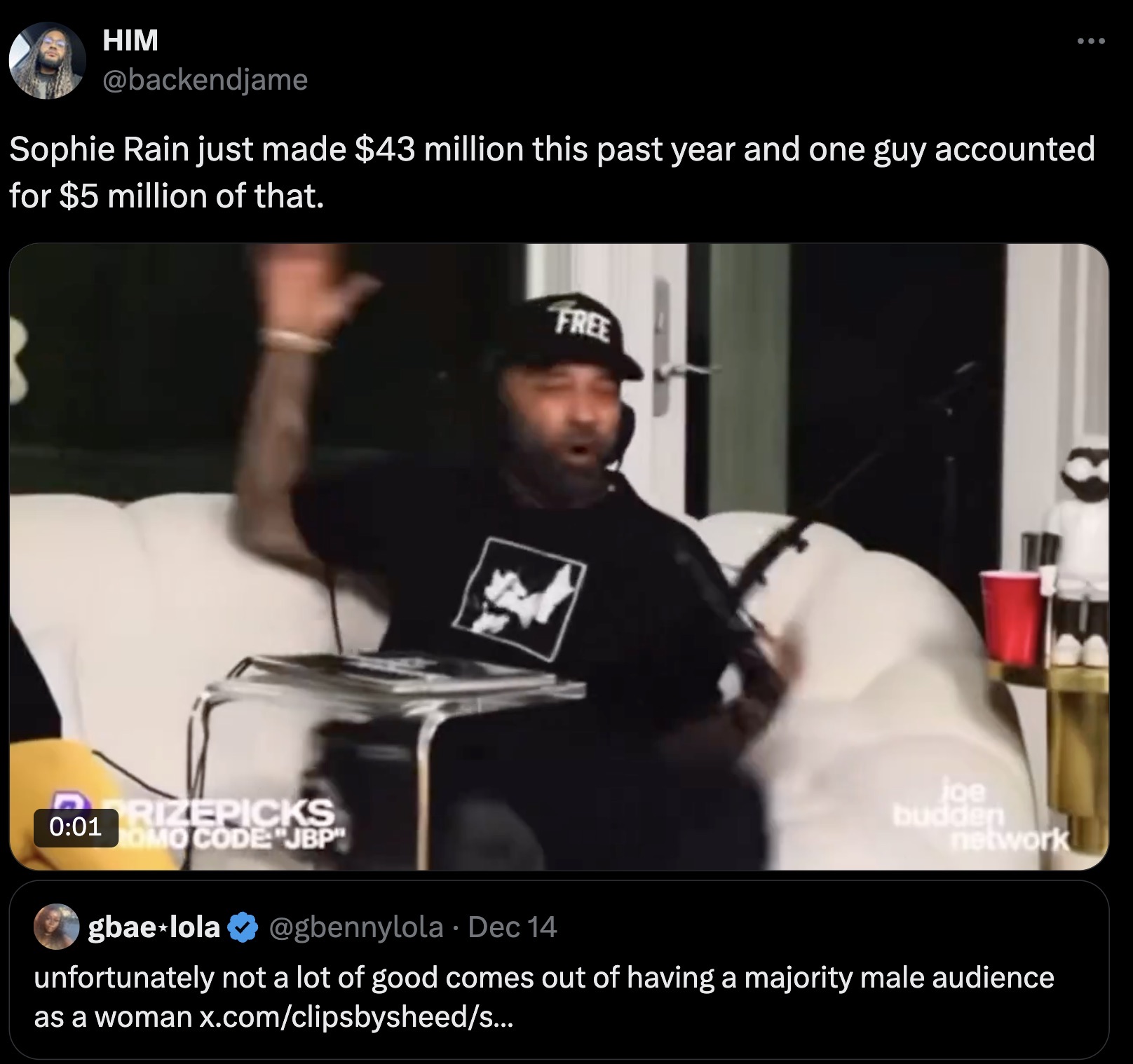 photo caption - Him Sophie Rain just made $43 million this past year and one guy accounted for $5 million of that. Free Rizepicks Omo Code Jbp" gbaelola Dec 14 joe budden network unfortunately not a lot of good comes out of having a majority male audience