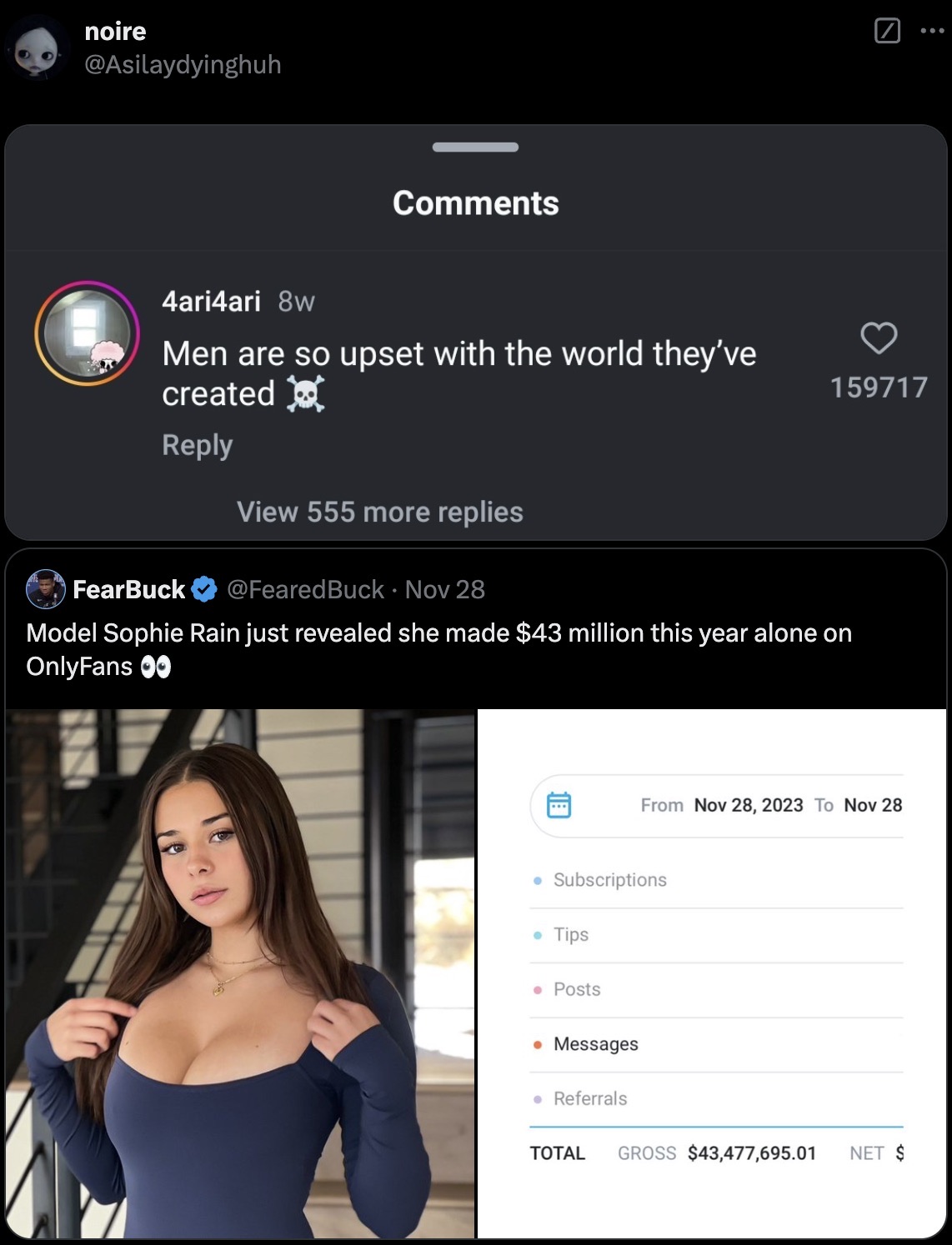 sophie rain - noire 4ari4ari 8w Men are so upset with the world they've created N 159717 FearBuck View 555 more replies Buck Nov 28 Model Sophie Rain just revealed she made $43 million this year alone on OnlyFans Oo From To Nov 28 Subscriptions Tips Posts