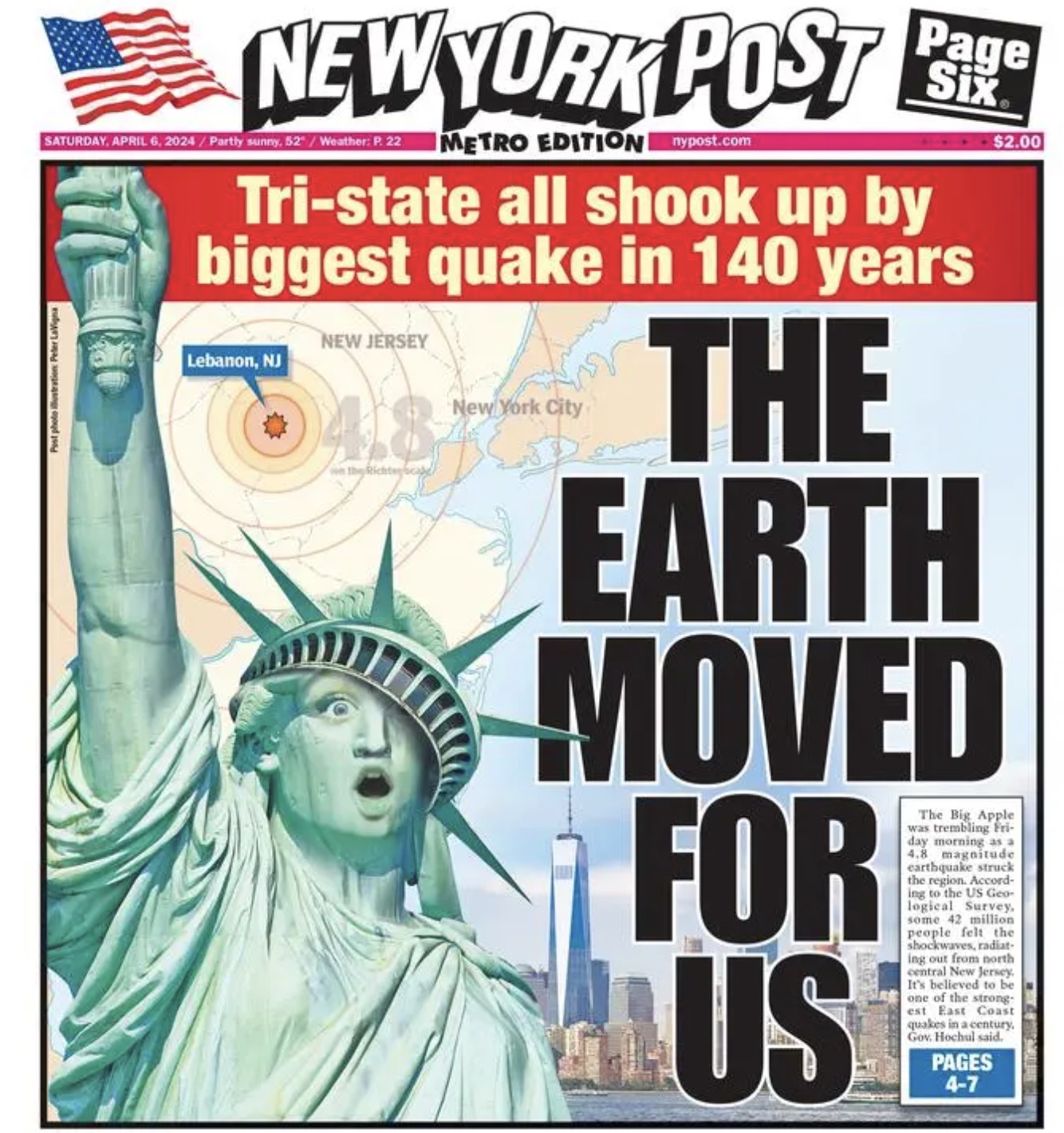 poster - Saturday, New York Post Metro Edition Page Six. Tristate all shook up by biggest quake in 140 years New Jersey Lebanon, Nj New York City The $2.00 Earth Moved For Lus The Big Apple Pages 47