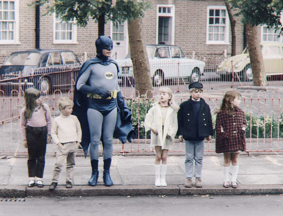 Dressed as Batman for the filming of a road safety ad for children, 1967.