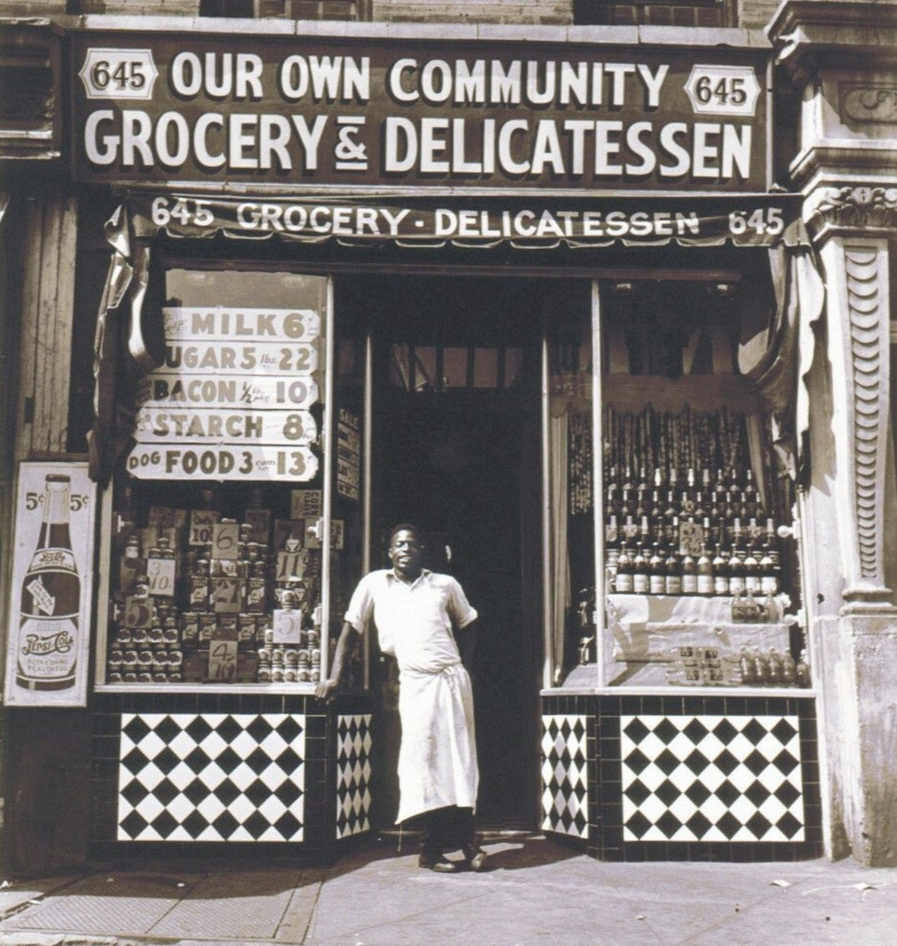 grocery store 1940 - 5 5 645 Our Own Community 645 Grocery & Delicatessen 645 Grocery Delicatessen 645 Milk 6 Ugars 22 Bacon 10 Starch 8 Dog Food 313