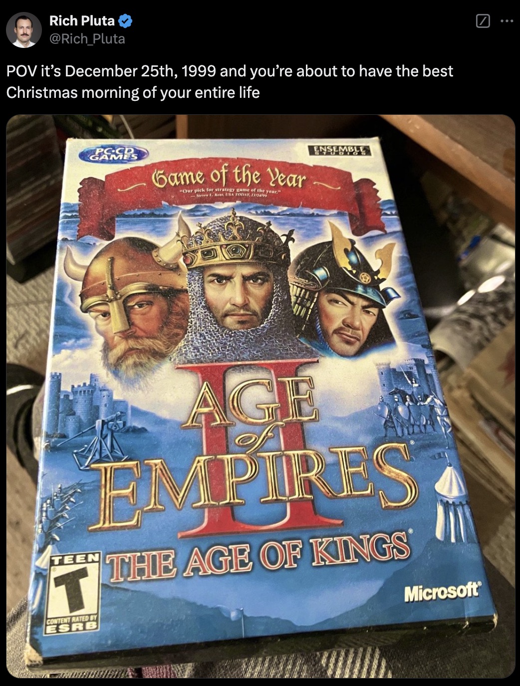 age of empires 2 box - Rich Pluta Pluta Pov it's December 25th, 1999 and you're about to have the best Christmas morning of your entire life Game of the Year Teen T Age Empires The Age Of Kings Microsoft Esro