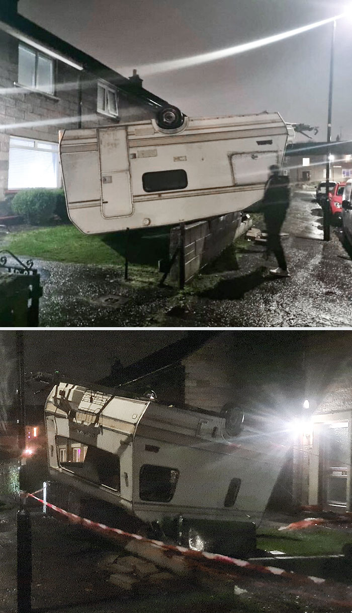 A storm with high winds flipped this little camper upside down.