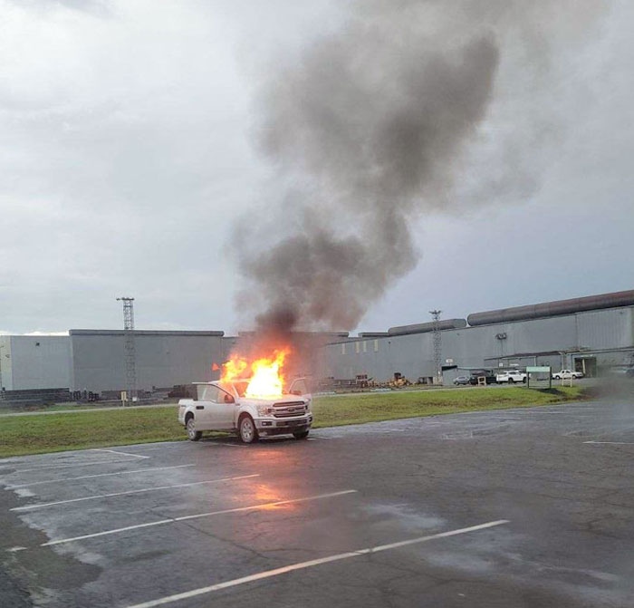 This truck was the victim of a direct lightning strike and caught on fire.