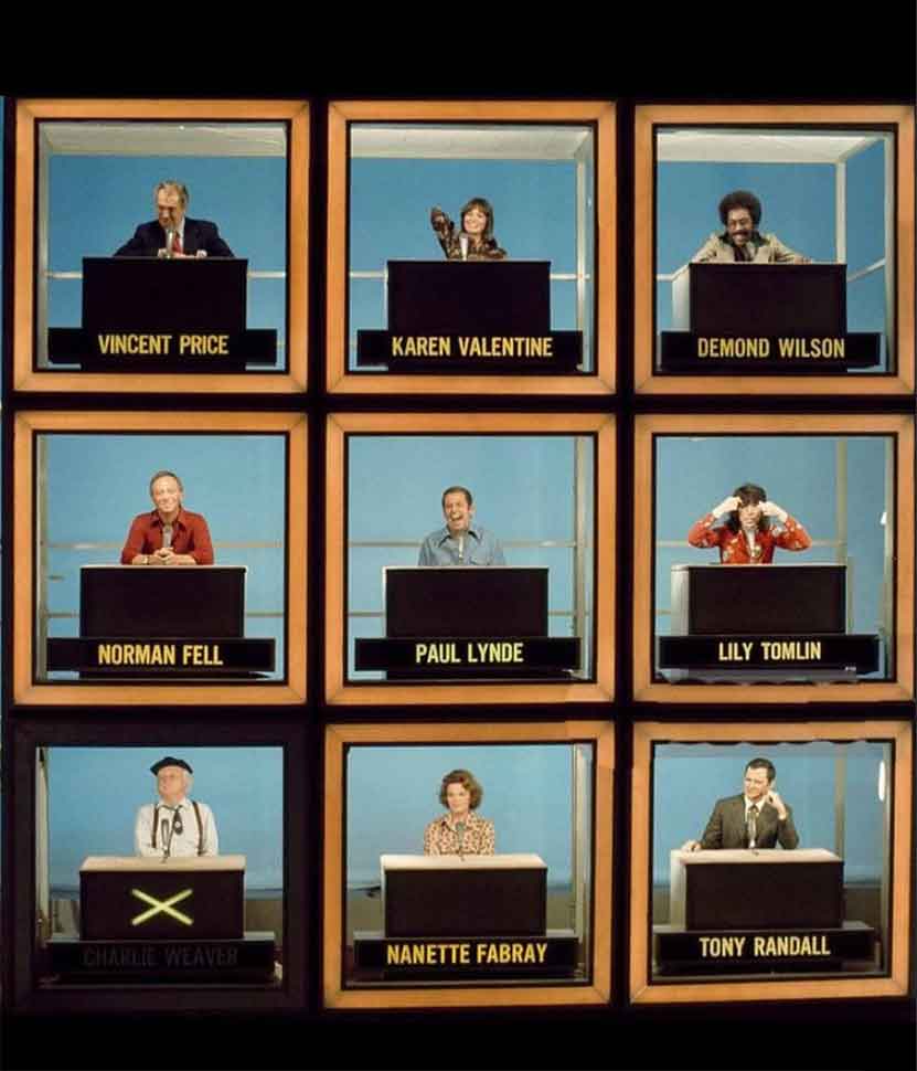 hollywood squares set - Vincent Price Karen Valentine Demond Wilson Norman Fell Paul Lynde Lily Tomlin Charlie Weaver Nanette Fabray Tony Randall