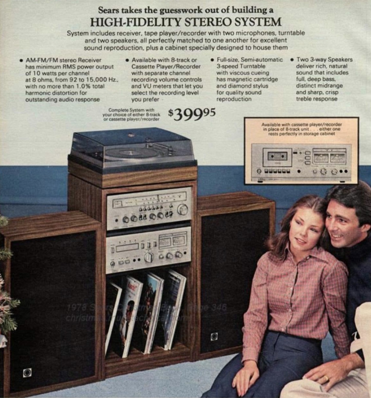 hardwood - Available with cassette playerrecorder in place of 8track unit either one rests perfectly in storage cabinet 000 Sears takes the guesswork out of building a HighFidelity Stereo System System includes receiver, tape playerrecorder with two micro