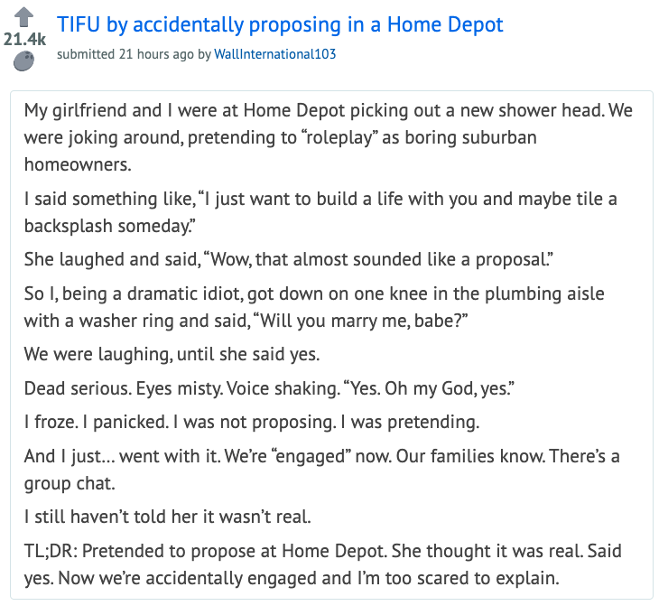 Idiot 'Accidentally Proposed' to His GF in Home Depot, Now He Can't Back Out: 'We were laughing, until she said yes'