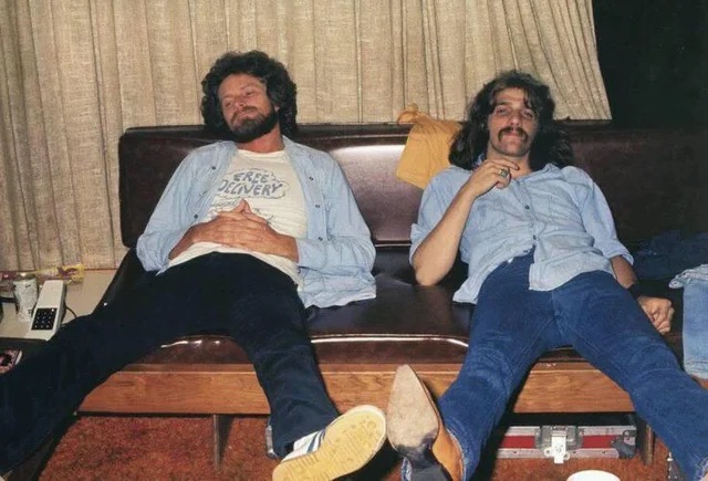 Glenn Frey and Don Henley backstage after a show - 1977