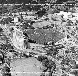 An aerial photo of the crowd at a ZZ Top concert in Austin’s Texas Memorial Stadium. 