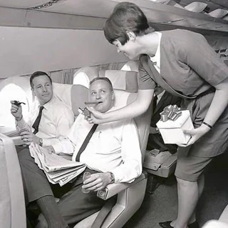 United Airlines offered a men-only flight featuring cigars, cocktails, and full steak dinners - 1970