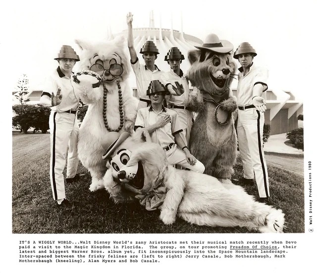 Devo at Disney World in 1980. Promoting their album “Freedom of Choice.”