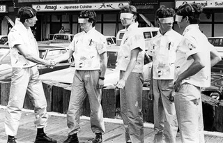 Devo wearing their "Duty Now For the Future" era paper leisure suits - 1979