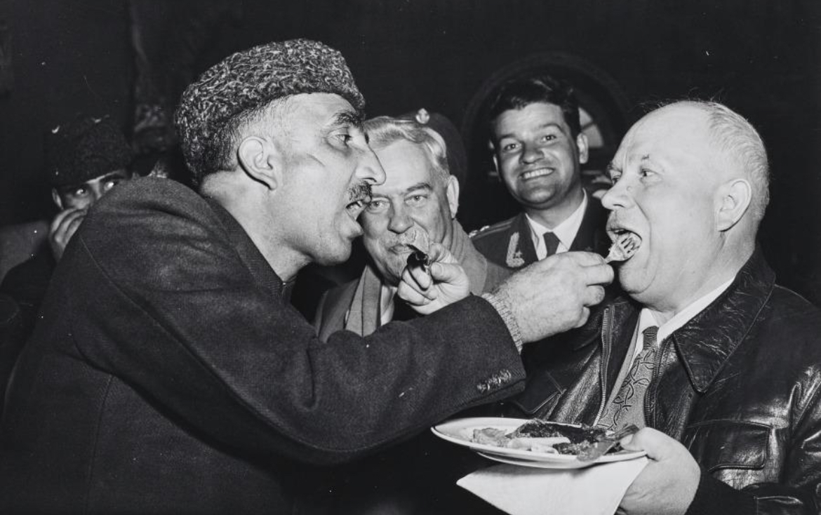 Khrushchev and Afghan Prime Minister Feed Each Other, 1955