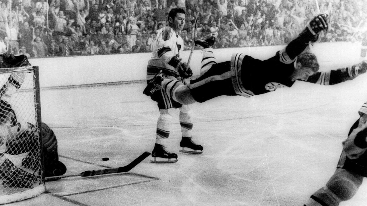 Bobby Orr flying through the air in 1970 Stanley Cup.