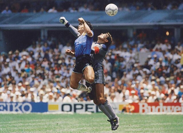 Diego Maradona’s “Hand of God” goal in 1986 World Cup.
