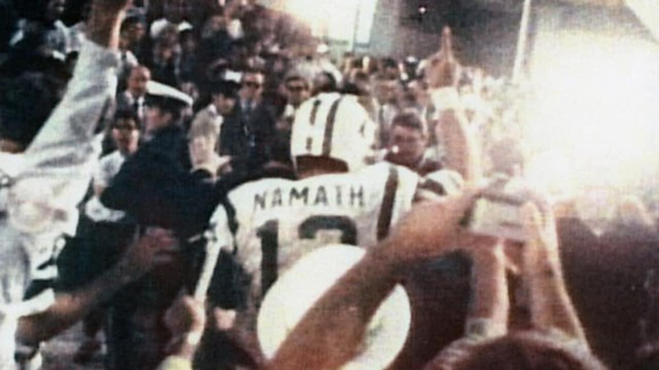 Joe Namath running off Super Bowl III field in 1969.