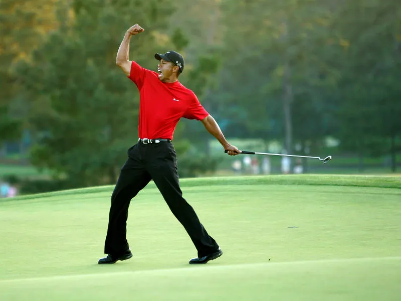 Tiger Woods' fist pump in 2005 Masters Tournament after his chip shot.