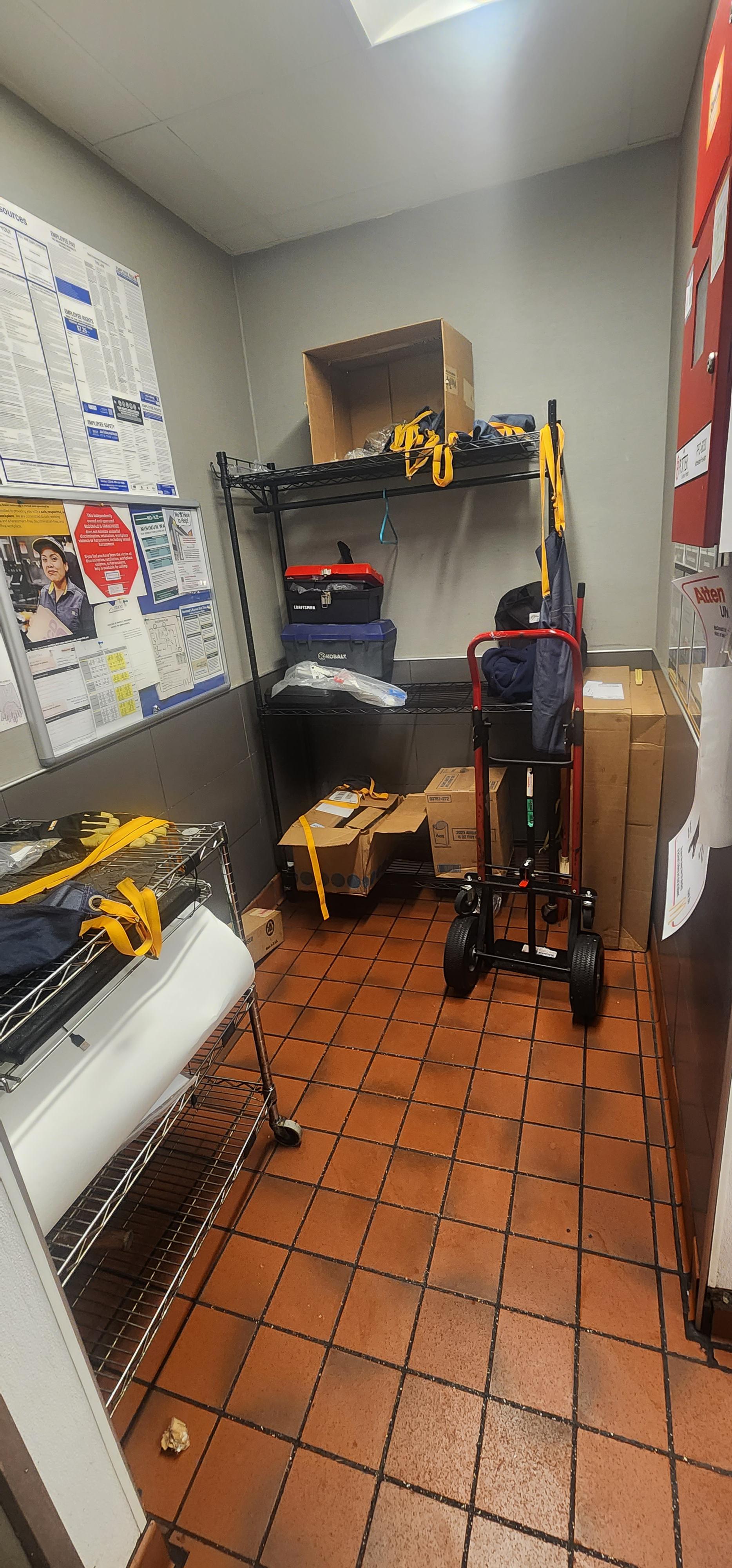 Break time essentials: a dolly, and a floor that’s seen things.