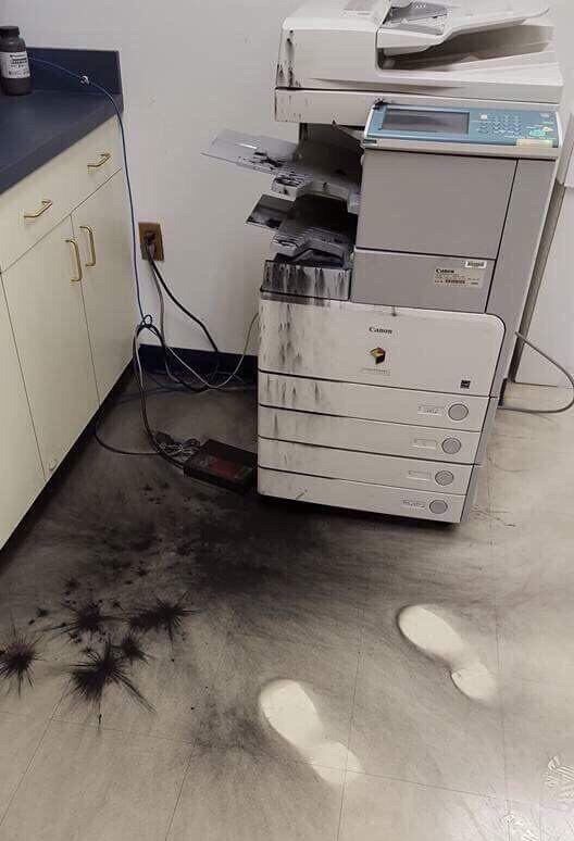 Printer exploded, footprints of shame remain.