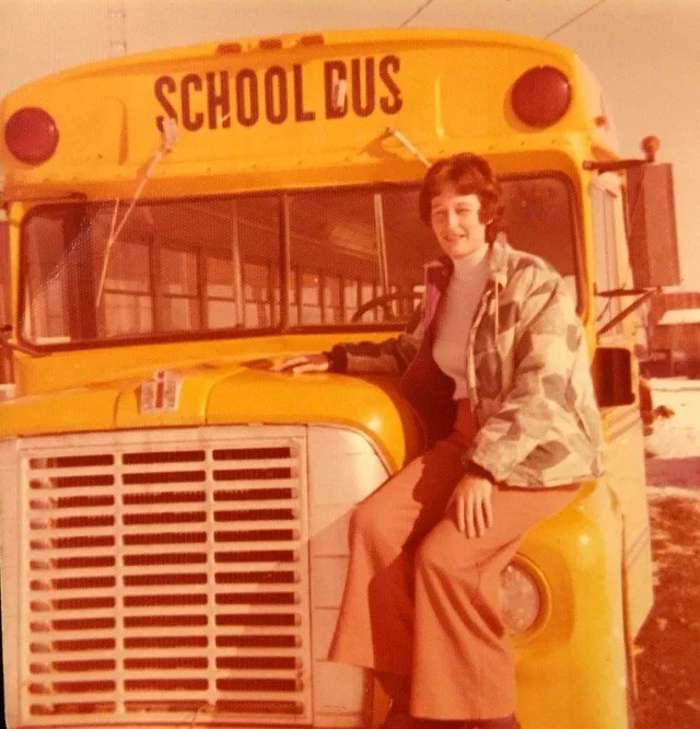 Classic school bus backdrop.