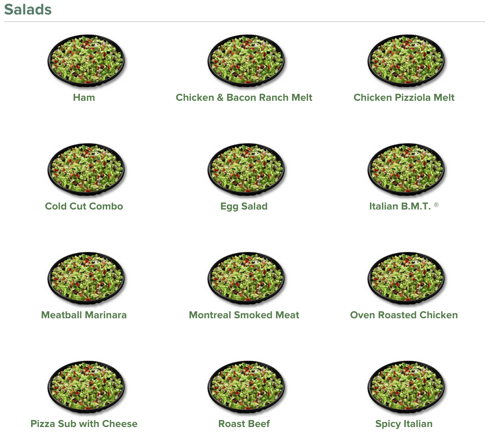 Twelve salads, all looking exactly the same.